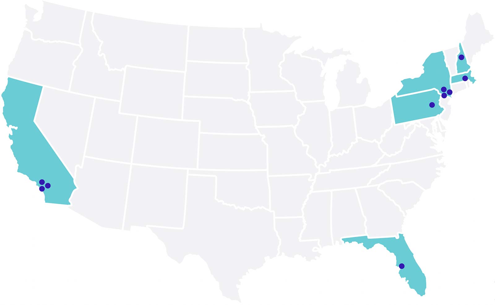 An illustrated map of America with highlighted states and cities