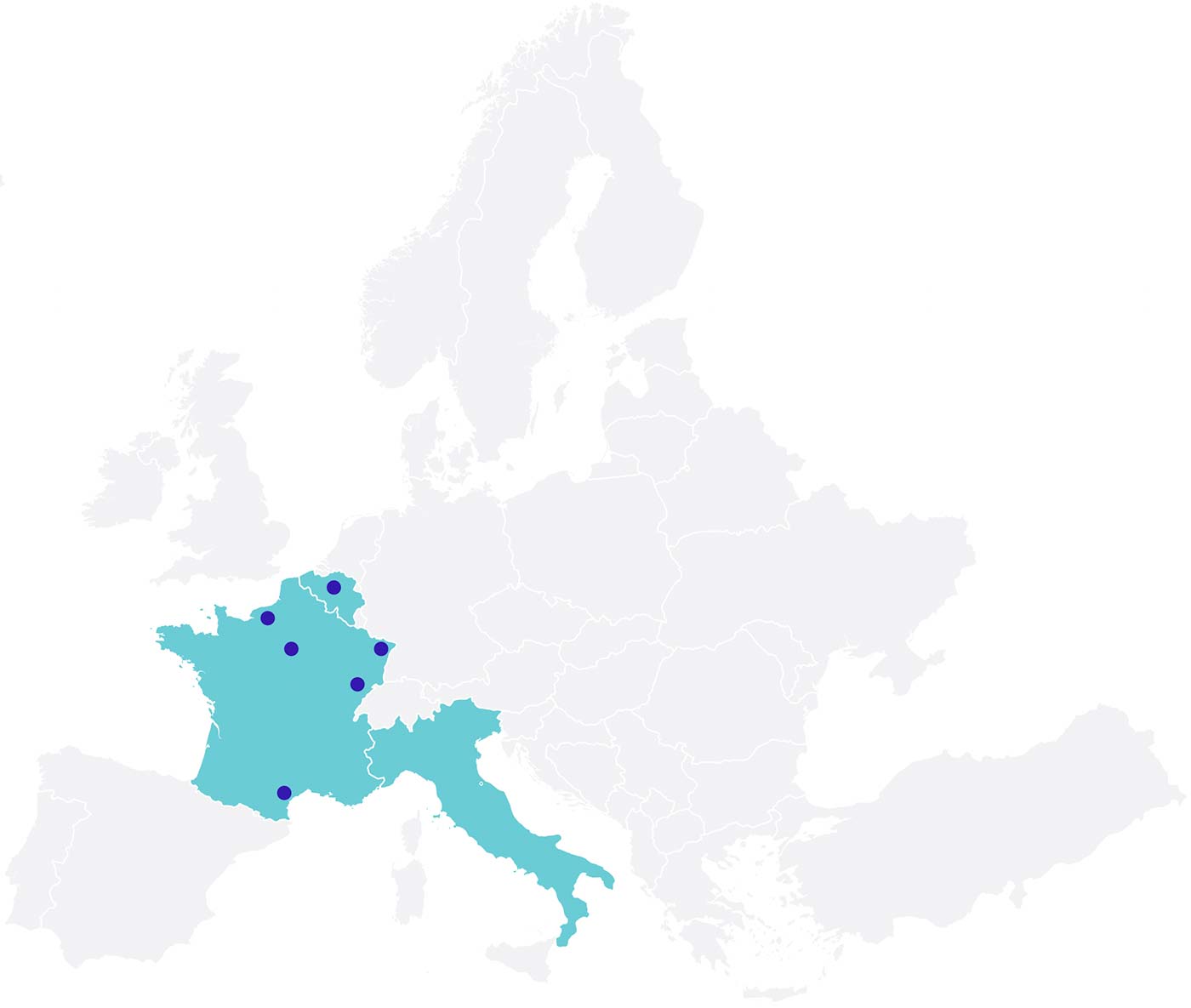 An illustrated map of Europe with highlighted states and cities